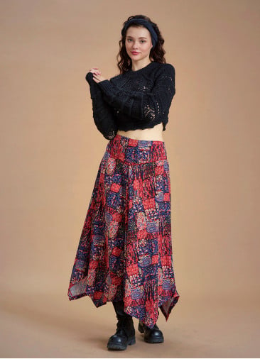 Red Printed Asymmetrical Hem Flared Midi Skirt